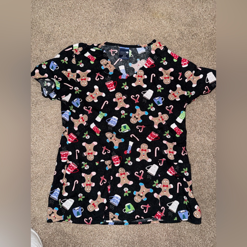 Holiday Themed Scrub Top with Gingerbread Print